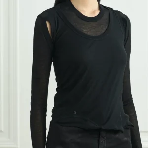 Women's black sexy slim-fit long-sleeved T-shirts see-through style versatile fashion tops