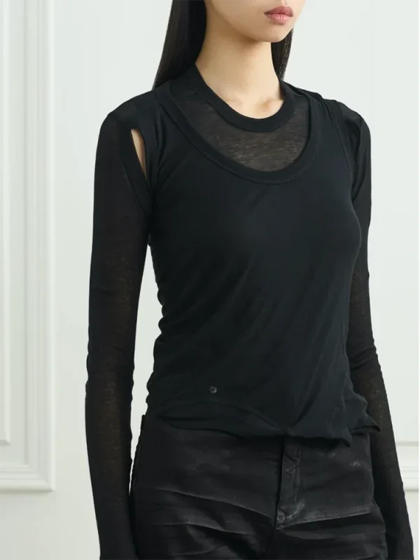 Women's black sexy slim-fit long-sleeved T-shirts see-through style versatile fashion tops