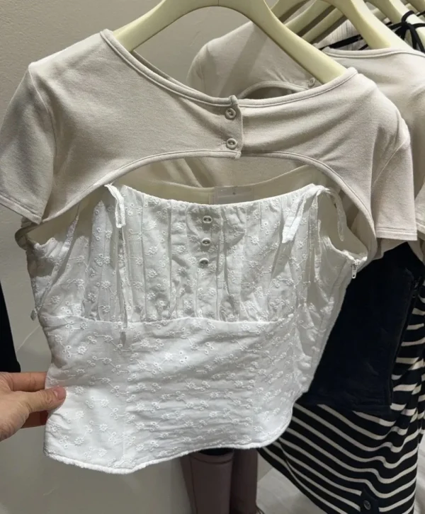 Japan Lace Up Ropa De Mujer Hollow Out O Neck Woman Clothing Short Sleeve Clothes T Shirt Summer Sweet New Tank Camisetas - Image 3