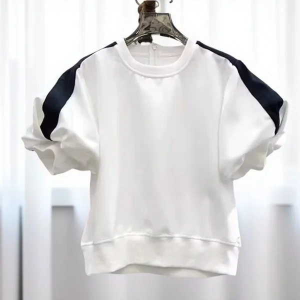 KUSAHIKI French Contrasting Splicing Round Neck Puff Sleeve T-shirt for Women's 2025 Summer Niche Fashion Top - Image 2