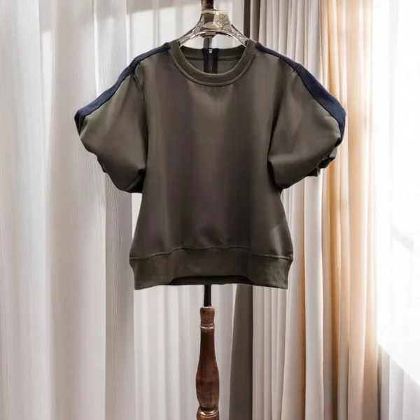 KUSAHIKI French Contrasting Splicing Round Neck Puff Sleeve T-shirt for Women's 2025 Summer Niche Fashion Top