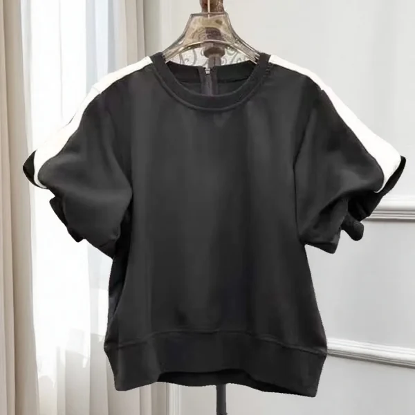 KUSAHIKI French Contrasting Splicing Round Neck Puff Sleeve T-shirt for Women's 2025 Summer Niche Fashion Top - Image 3