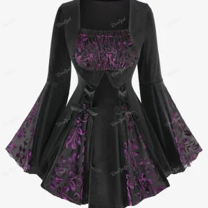 ROSEGAL Plus Size Gothic Floral Flocking Lace Up Ruched Patchwork Blouse Women Spring Fall Winter Square Neck Outdoor T-Shirts