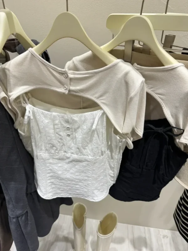 Japan Lace Up Ropa De Mujer Hollow Out O Neck Woman Clothing Short Sleeve Clothes T Shirt Summer Sweet New Tank Camisetas - Image 4