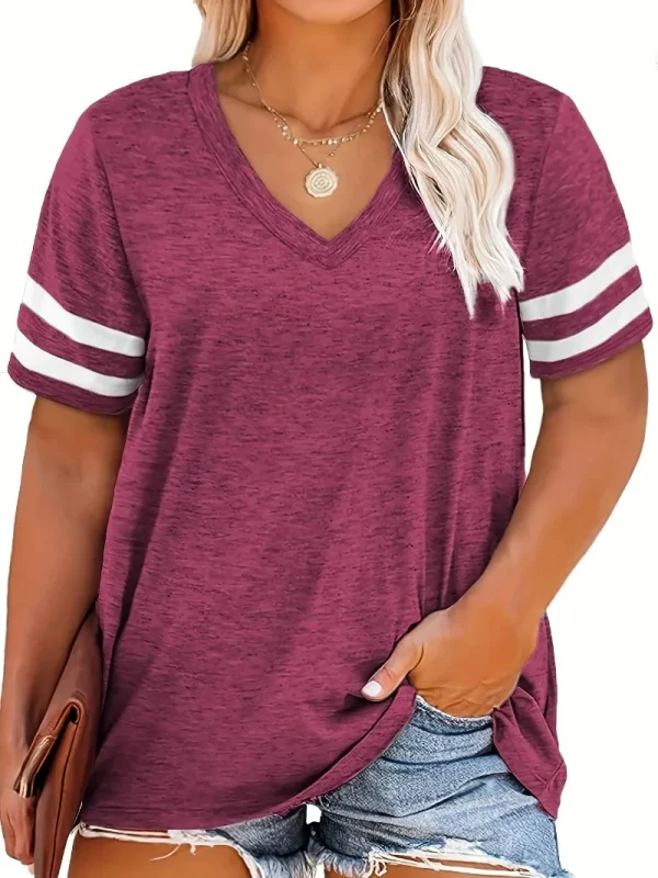Women's Plus Size 1XL-8XL Casual V-neck Short Sleeved Solid Color Loose T-shirt Sports Outdoor Top Women Clothing - Image 2
