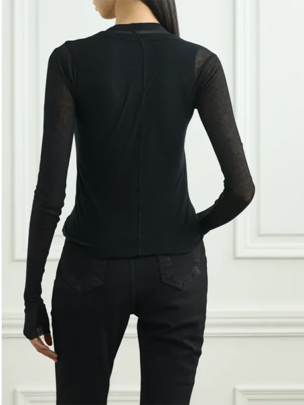 Women's black sexy slim-fit long-sleeved T-shirts see-through style versatile fashion tops - Image 2